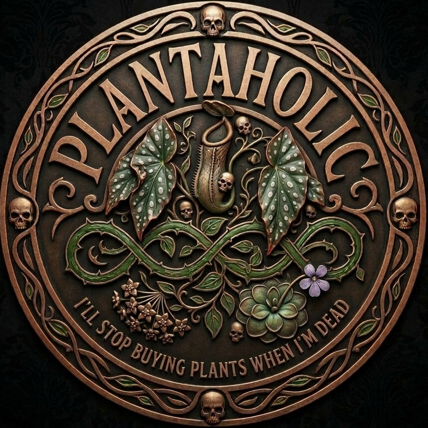 Decorative emblem with 'PLANTAHOLIC' text and plant-themed design on a dark background, with the tagline "I'll stop buying plants when I'm dead"